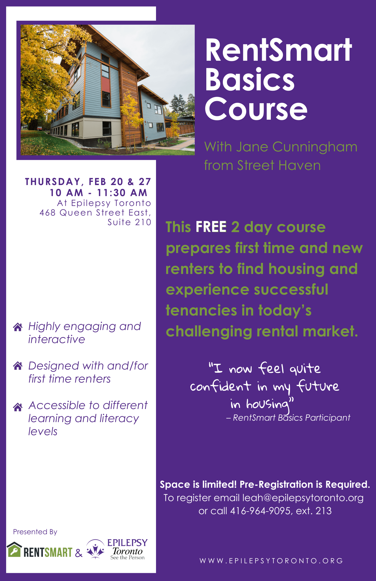 A Free 2 day course for first time renters to help them find housing.