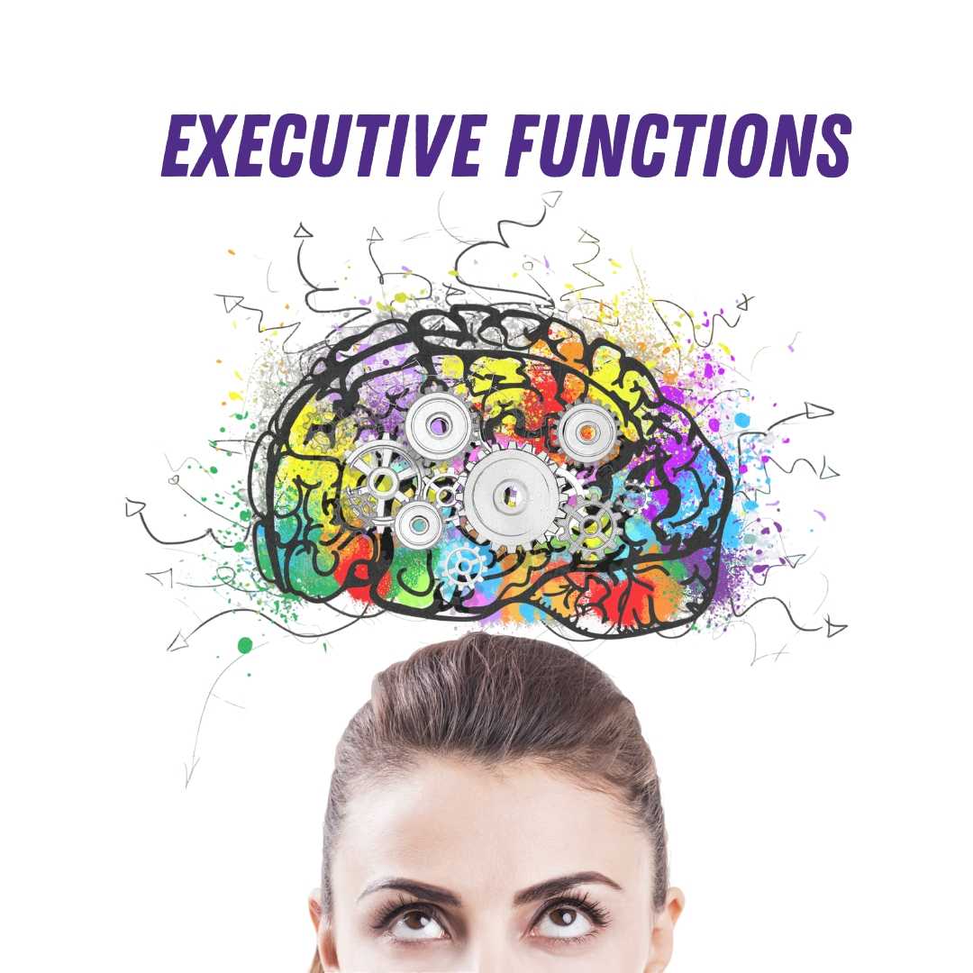 woman looking up at an animation of a brain with cogs