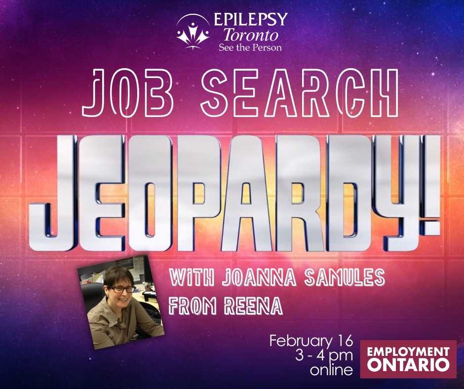 Jeopardy game show logo and image of guest speaker Joanna Samules
