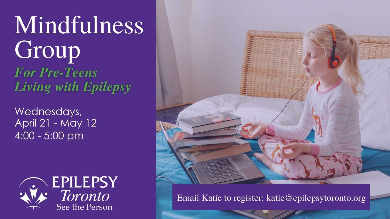 Mindfulness-Group-2-1 A pre-teen sits cross-legged on her bed meditating, in front of a laptop, with earphones on and books stacked around her.