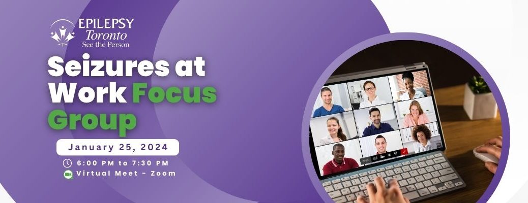 Text: Seizures at Work Focus Group. Image: hand on a laptop with a screen showing a video conference call.