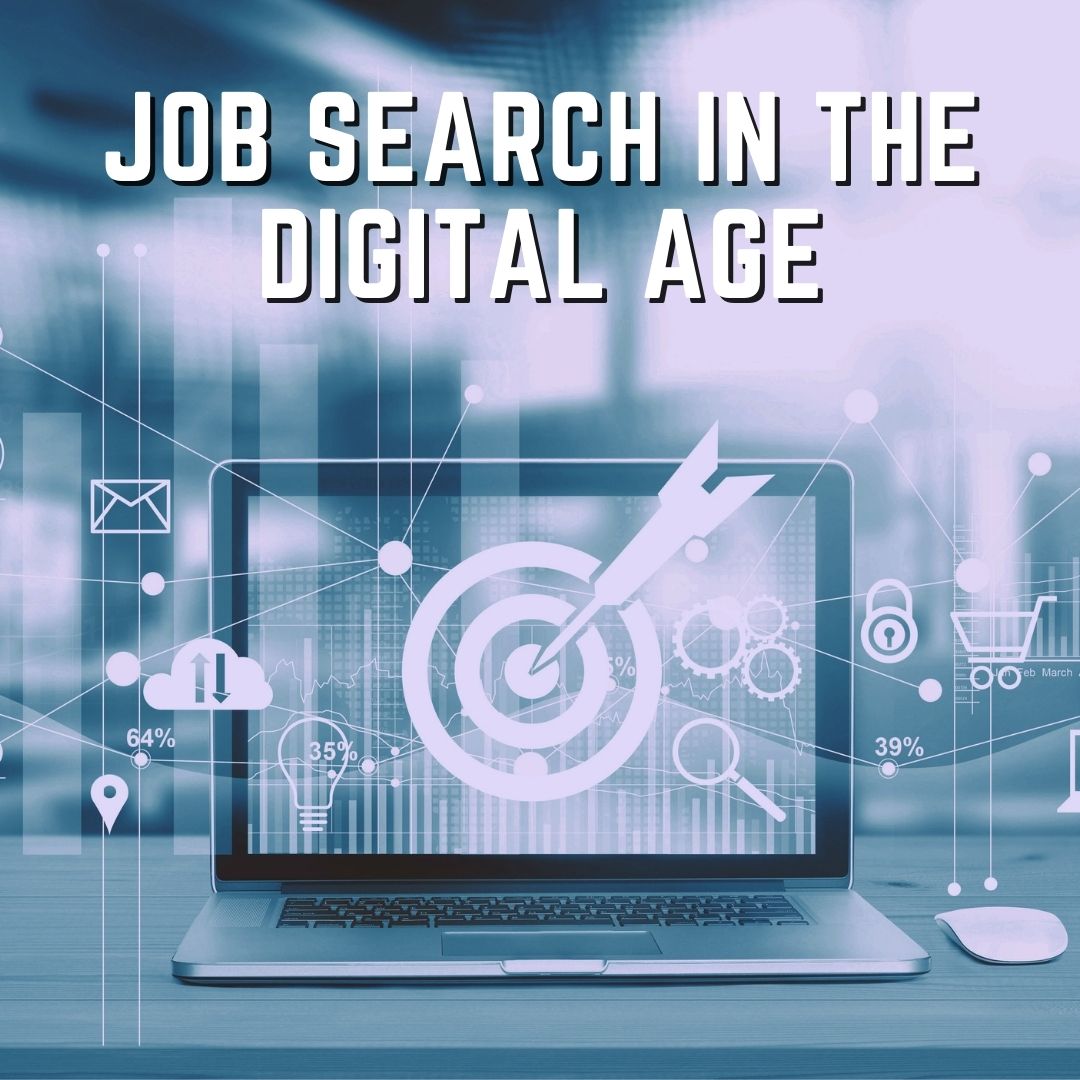 Job Search Digital Age An open laptop with many symbols floating around it and on the screen a target with a dart in the centre.