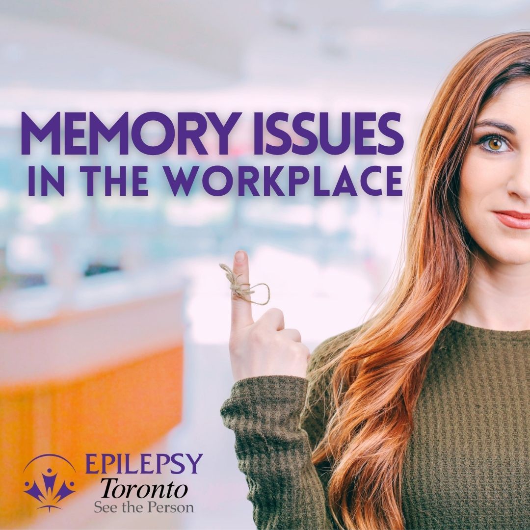 Memory Issues in the Workplace Woman in office setting holds first finger up with string tied around it.