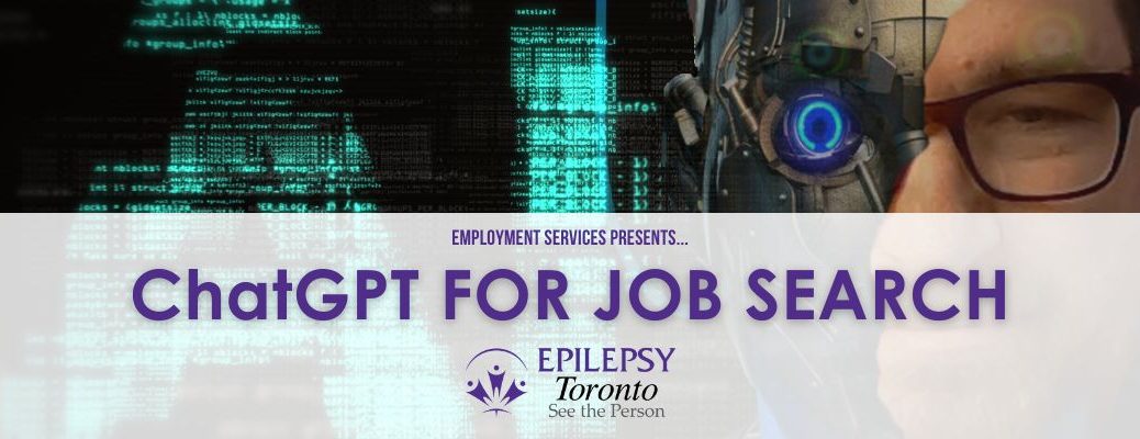 a half cyborg and half human face of Jesse Preston look at us from behind the words "Employment Services Presents: ChatGPT for Job Search".
