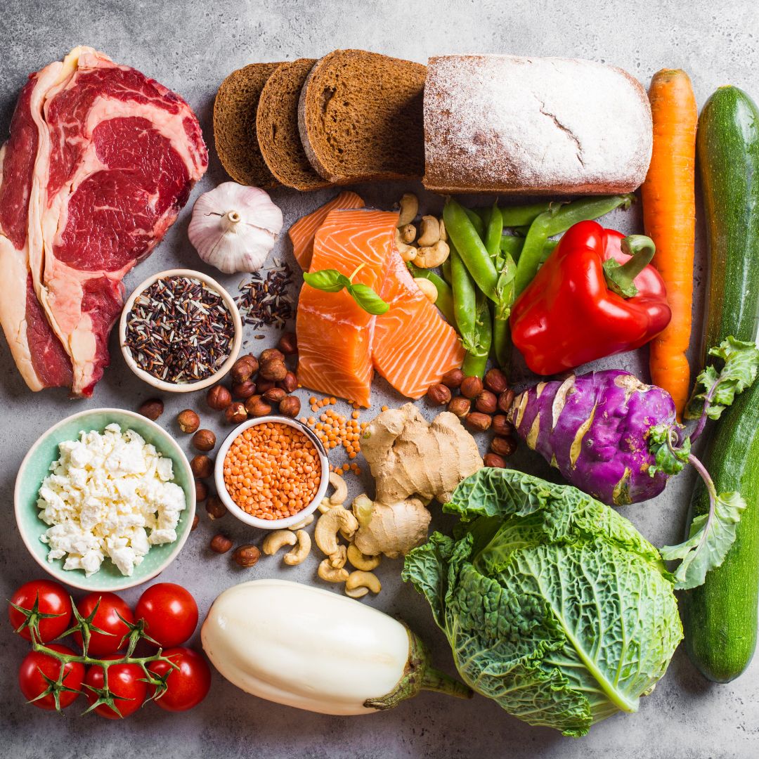 Healthy Diet An assortment of healthy food including: meat, cheese, vegetables, fish, nuts, beans and more.