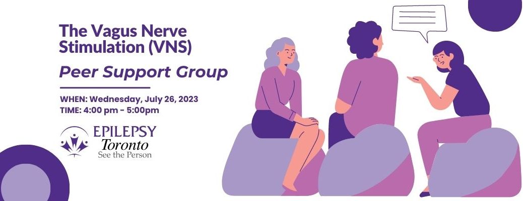 Text: The Vagus Nerve Stimulation (VNS) Peer Support Group. Image: graphic of three people sitting and talking.