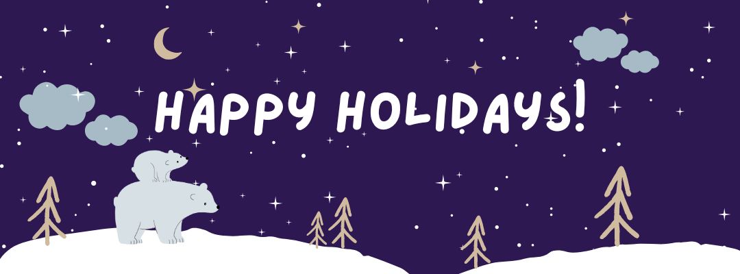Text: Happy Holidays! Image of a polar bear and baby looking up at a starry winter sky.