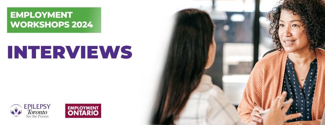 Text: Employment Workshops 2023 Interviews. Image: two people sit across from each other interview style.
