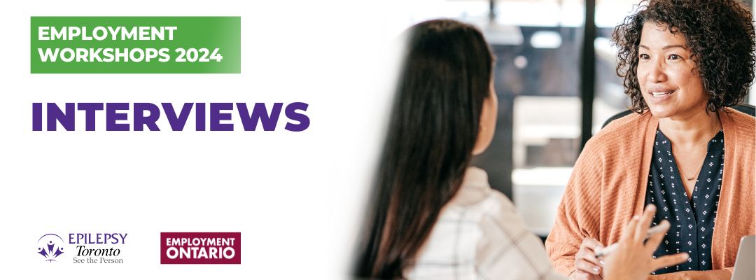 Text: Employment Workshops 2023 Interviews. Image: two people sit across from each other interview style.
