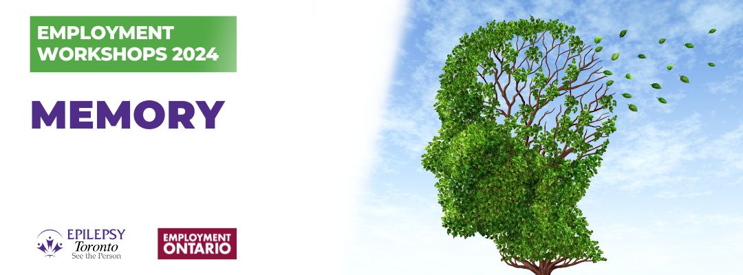 Text: Employment Workshops 2024. Memory. Image: a tree shaped like a head with it’s leaves blowing away.